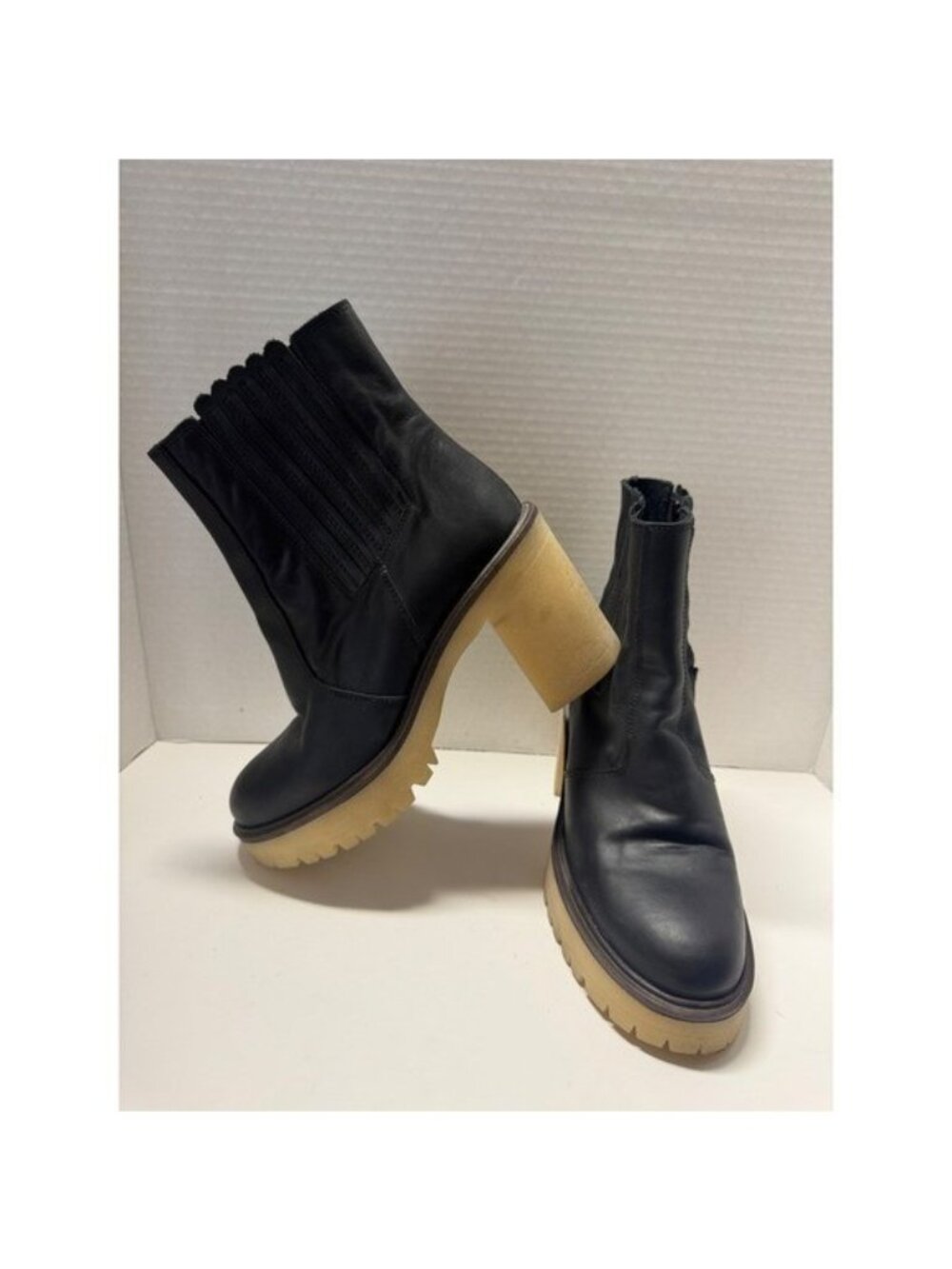 Free People Black Leather Platform Lug Sole Block Heel Boots Made in Spain 36
